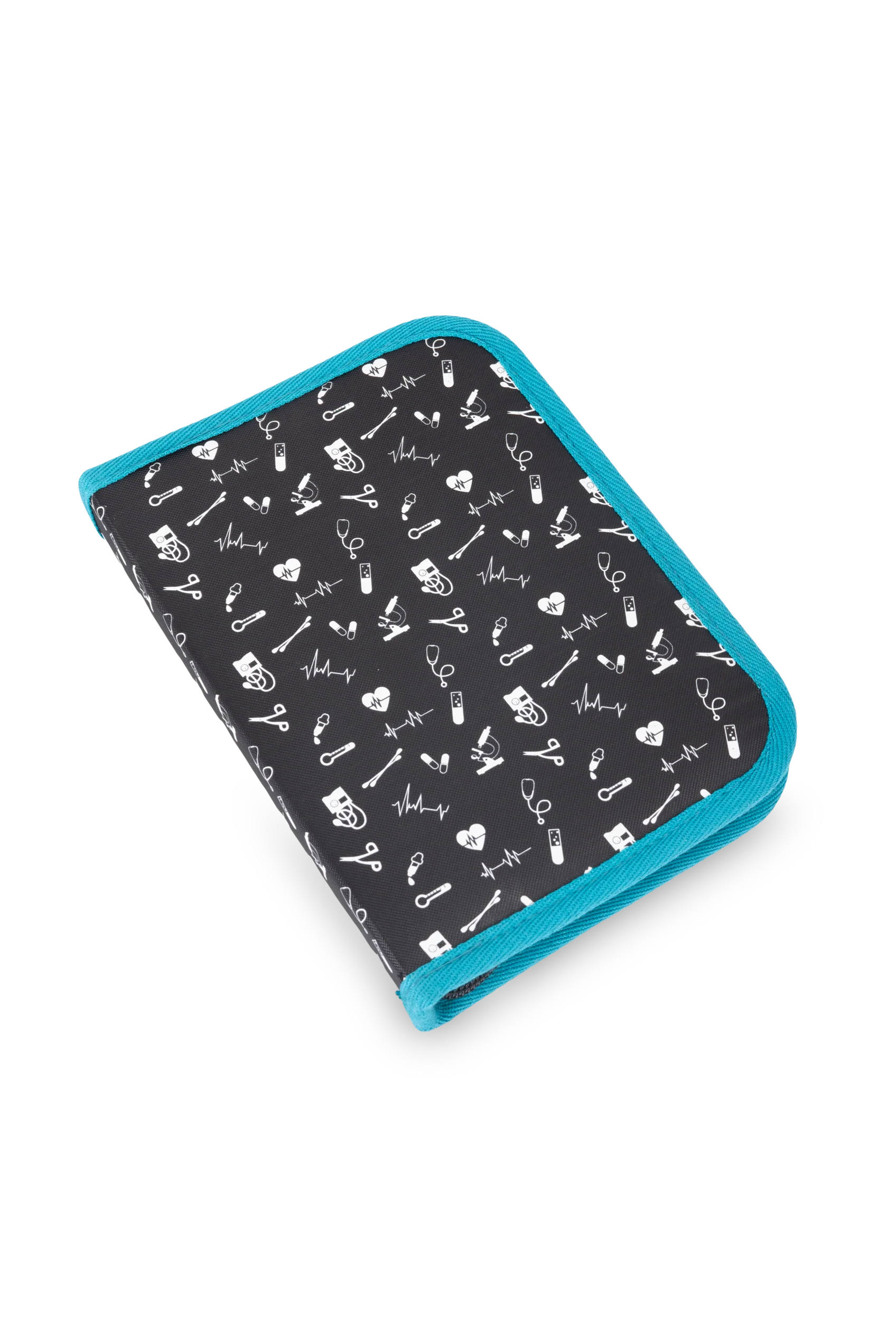 Bolso organizador negro con cremallera y ribete azul, con íconos médicos blancos para que las enfermeras guarden herramientas y equipos de forma segura.