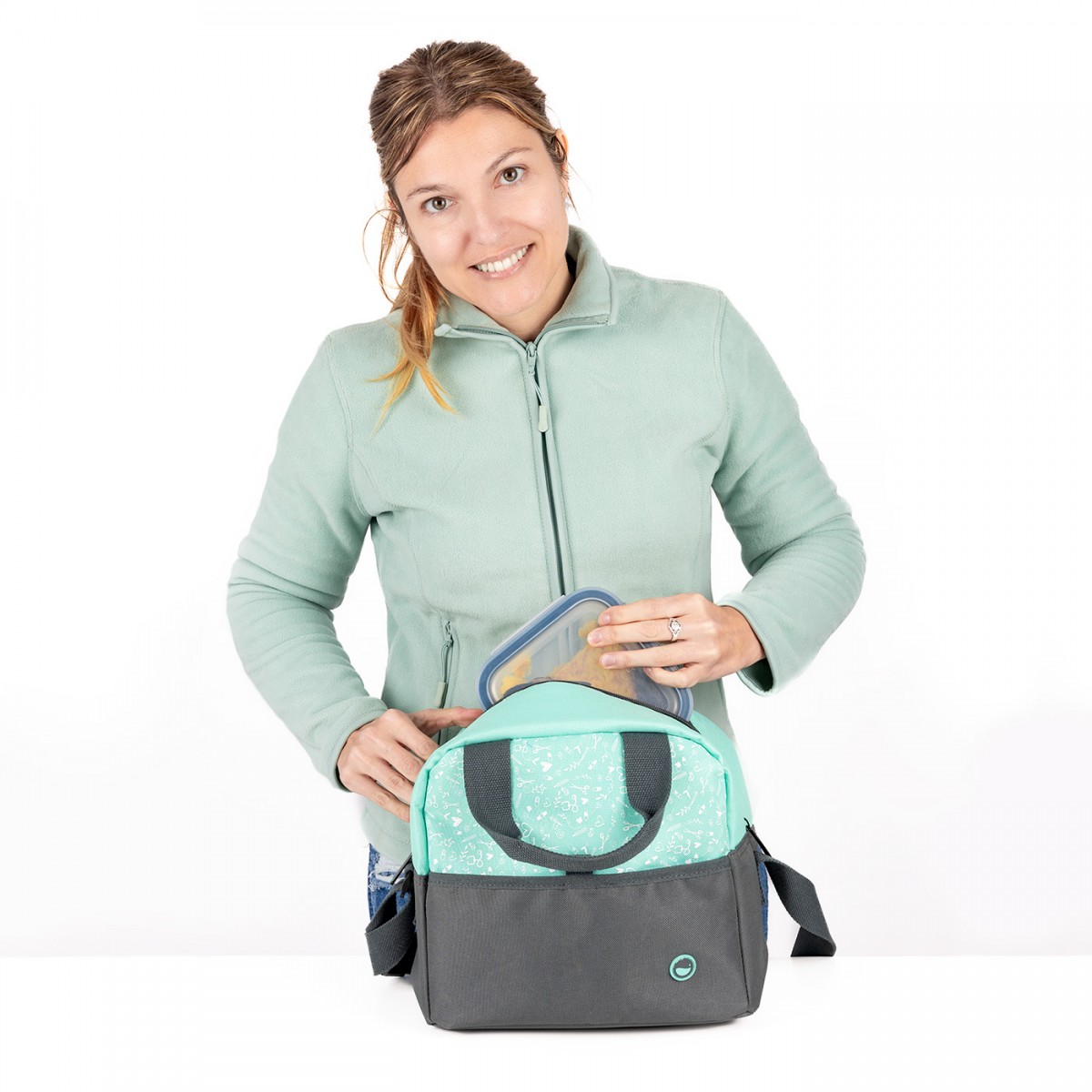 Bolsa de almuerzo gris y verde azulado para enfermeras y trabajadores sanitarios, con un compartimento superior para contenedores de comida y un compartimento inferior para objetos personales.