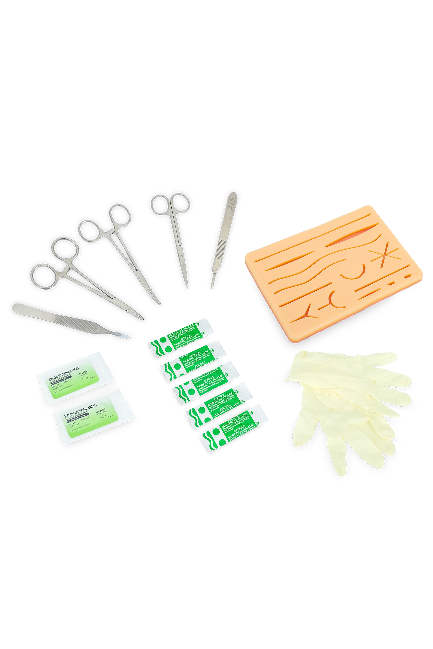Kit de práctica de sutura con herramientas de acero inoxidable, almohadilla de silicona, hojas esterilizadas y guantes para que los estudiantes de atención médica practiquen habilidades quirúrgicas.