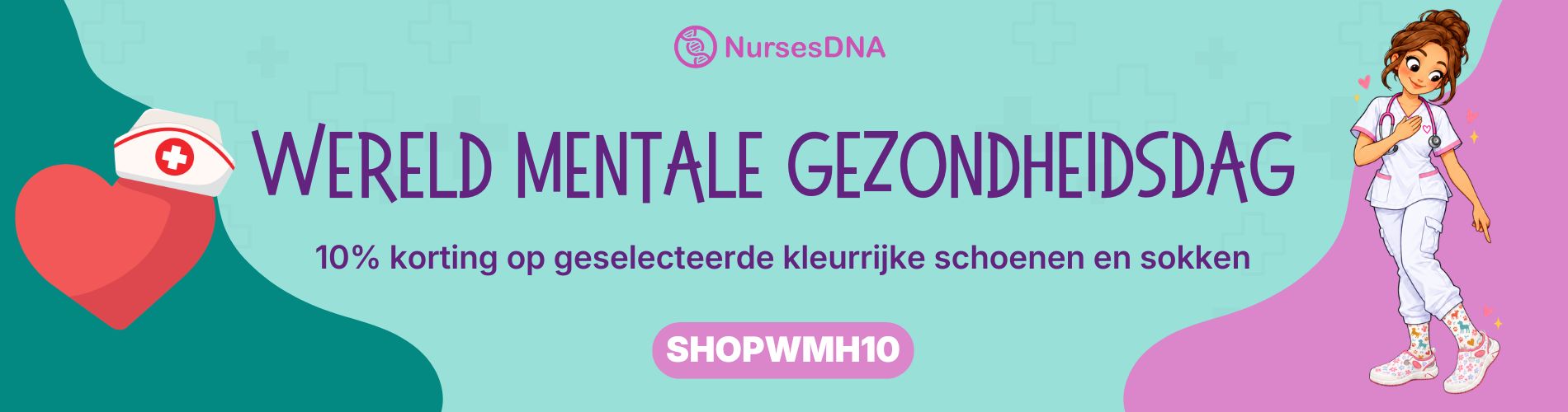Een promotiebanner voor zorgverleners met een illustratie van een verpleegster, een rood hart en tekst over kleurrijke schoenen en sokken voor verpleegsters.
