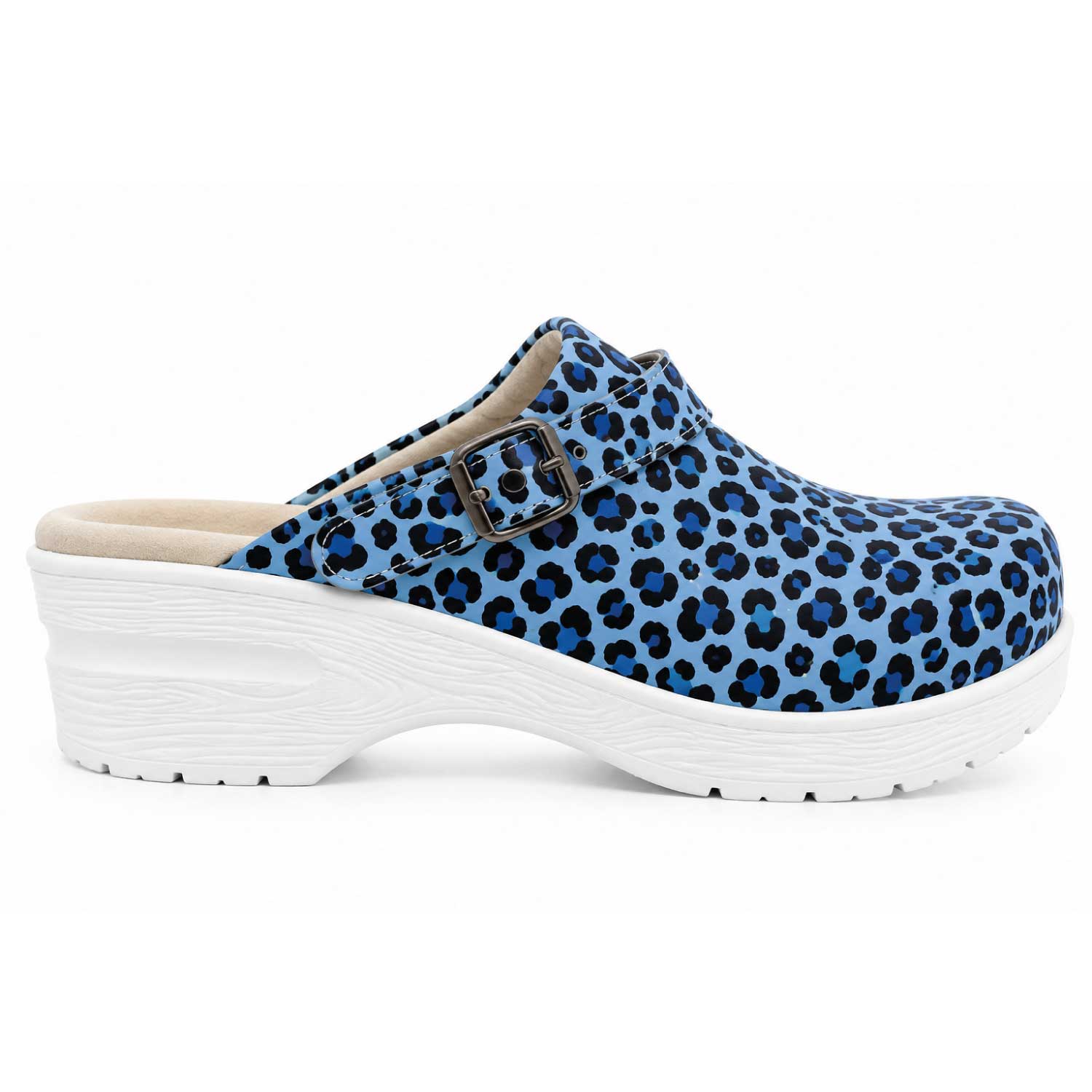 Blue leopard print nursing clogs with a white sole and adjustable strap, designed for comfort during long shifts in healthcare settings.