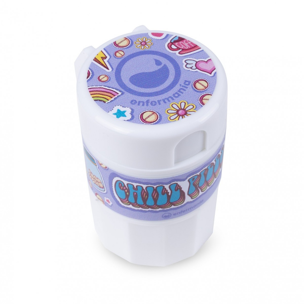 White pill organizer for nurses, decorated with fun, colorful graphics, perfect for managing medication schedules and ensuring accurate dosage, ideal for daily use.