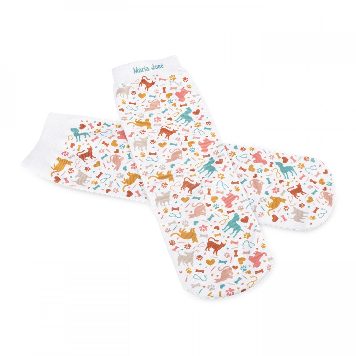 Colorful animal print socks for nurses, featuring a white base and playful designs, ideal for long shifts.