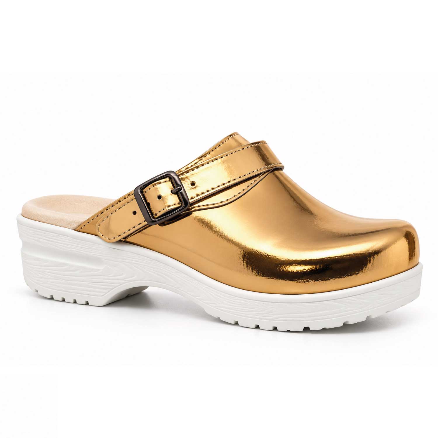 Metallic gold nursing clogs with an adjustable buckle strap and a white slip-resistant sole, ideal for comfortable 12-hour hospital shifts.