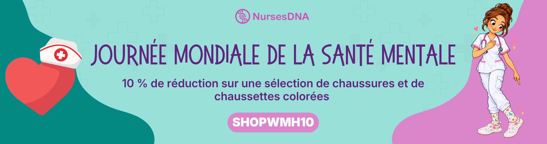 Une bannière promotionnelle pour la Journée mondiale de la santé mentale présentant une illustration d'infirmière, un cœur rouge et une offre de réduction sur les chaussures et les chaussettes.