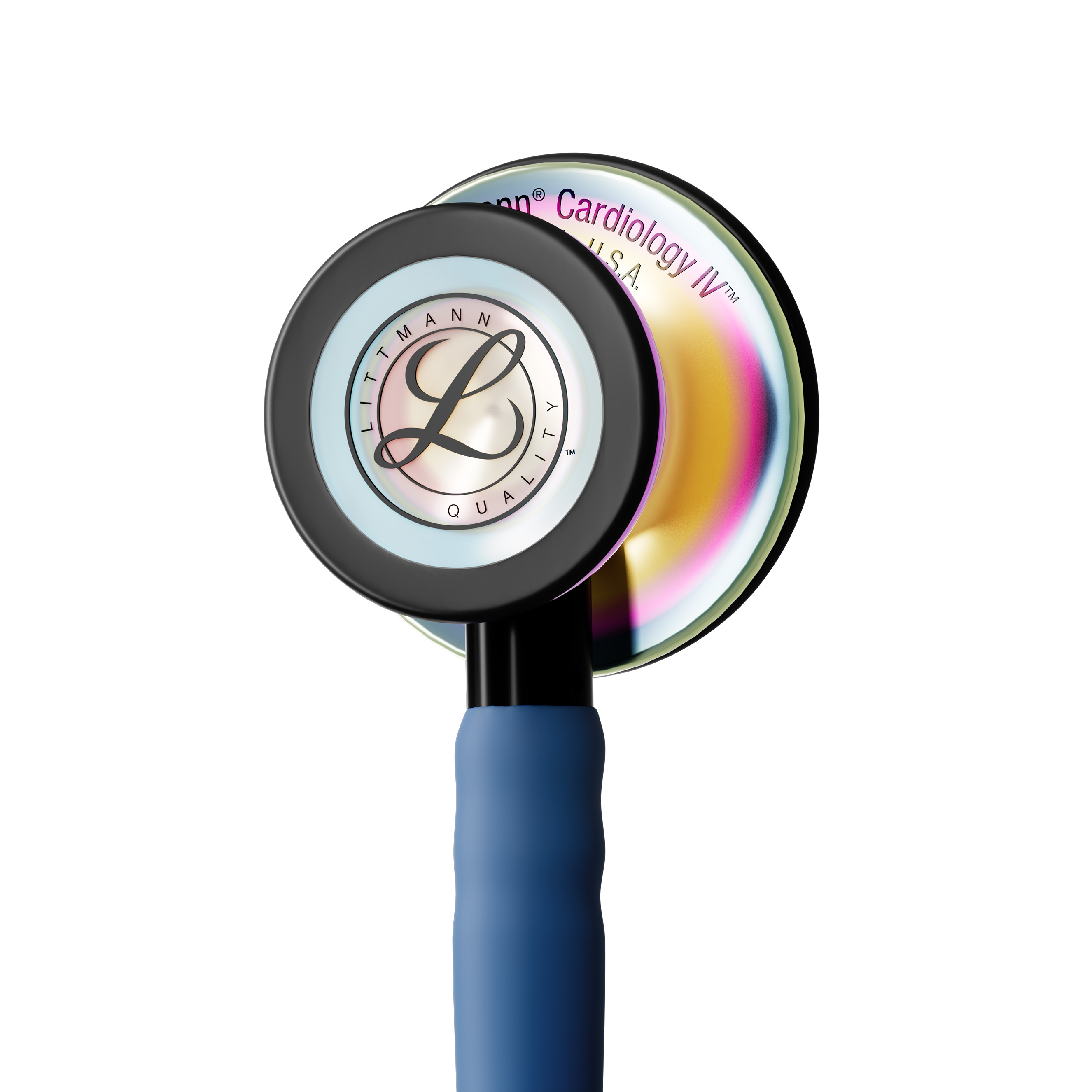 Blue stethoscope with a rainbow finish chestpiece for healthcare professionals, featuring high acoustic sensitivity for precise diagnosis.