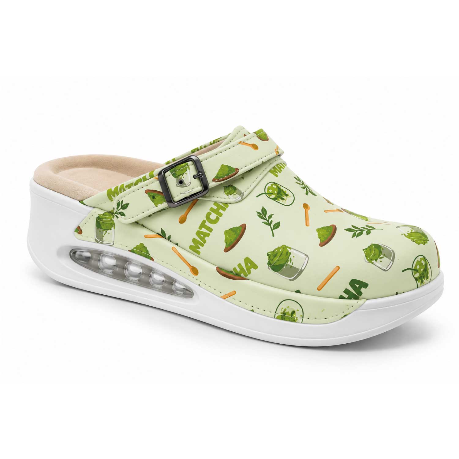 Light green nursing clogs with a matcha print, featuring an ergonomic air-cushioned sole for comfort during long shifts in the clinic.