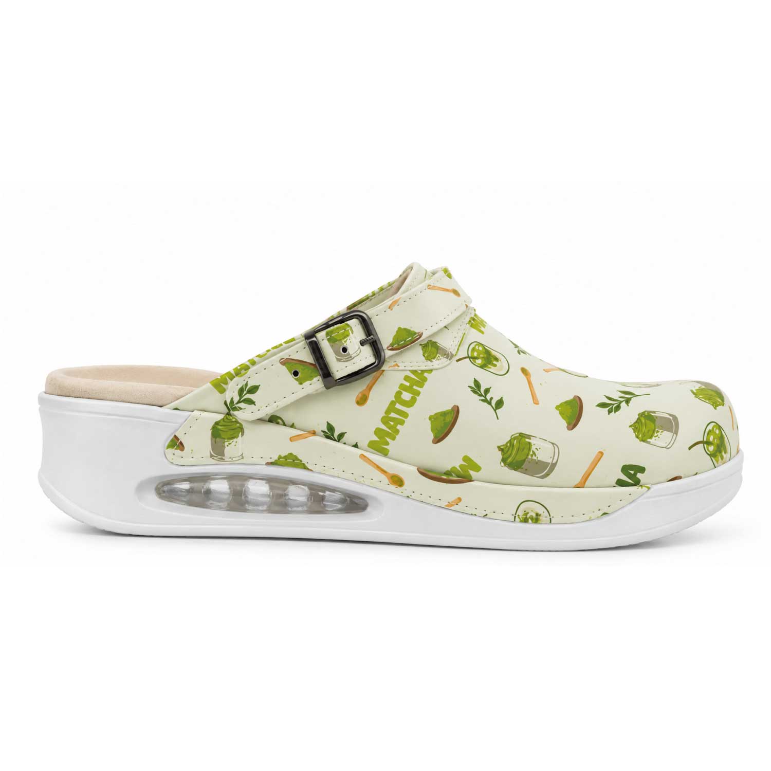 Cream-colored nurse clogs with green matcha print, featuring a cushioned sole and adjustable strap for comfort during long hospital shifts.