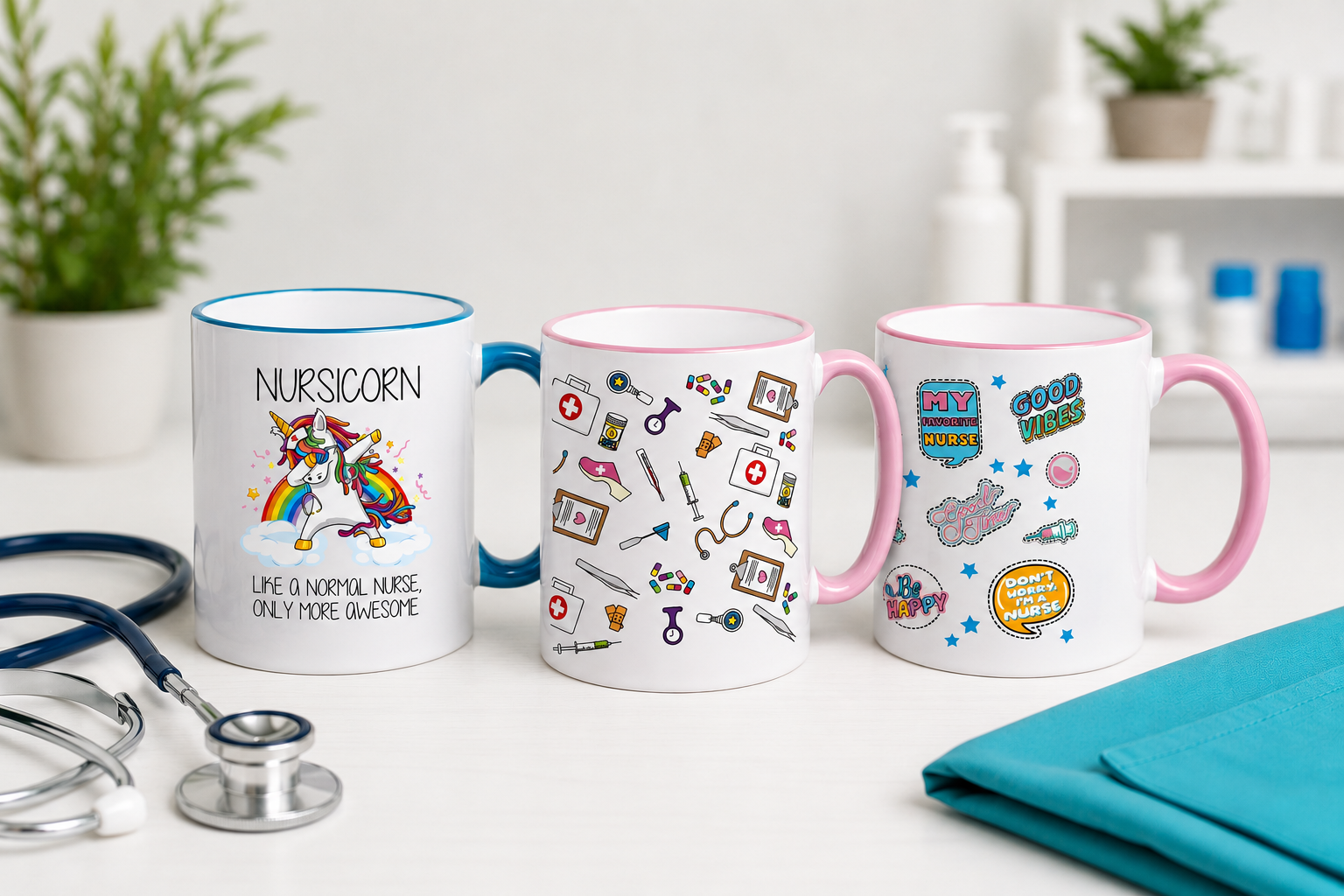 Set aus drei farbenfrohen Tassen für Krankenschwestern mit verspielten Motiven und Sprüchen, ideal für Kaffeepausen.