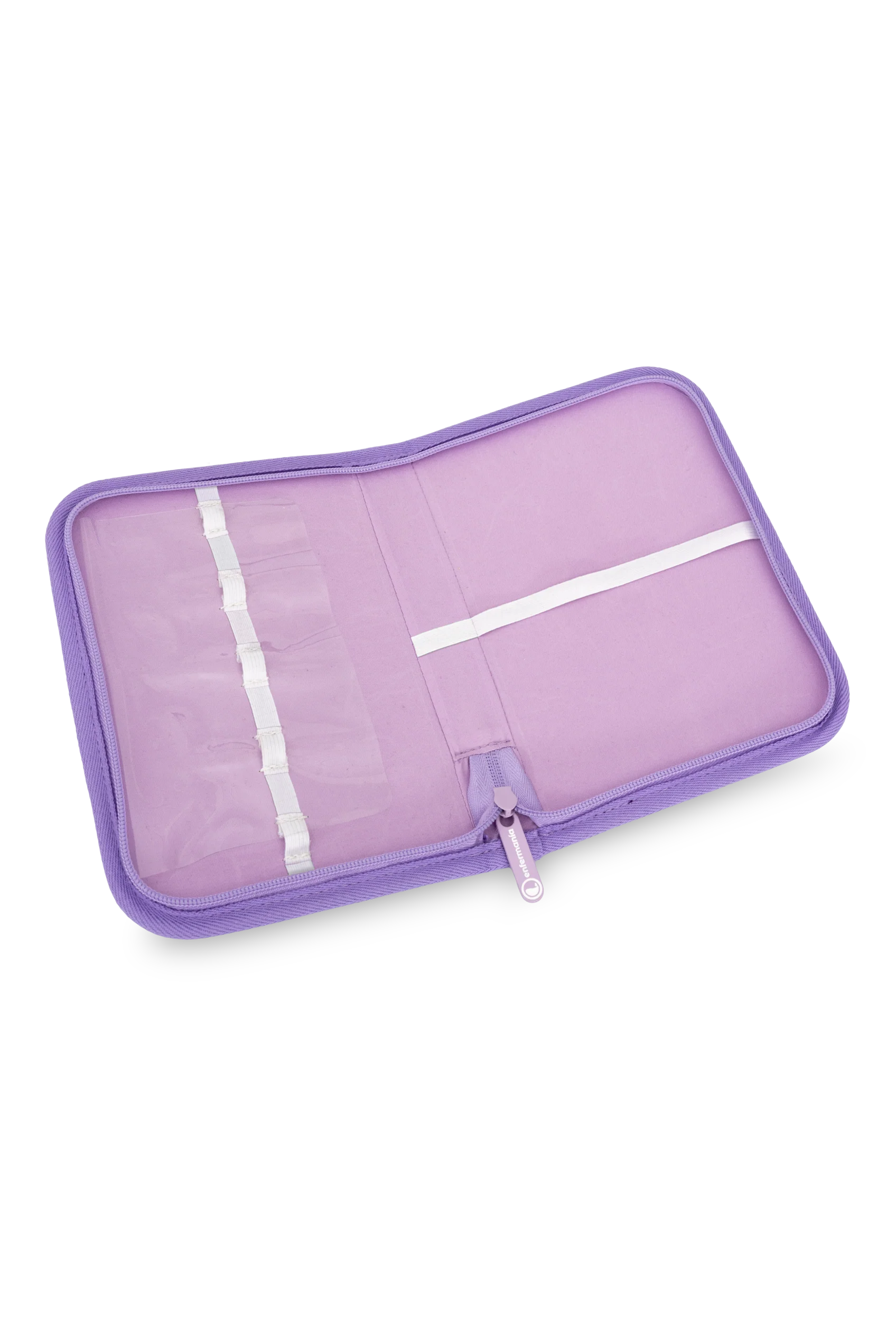 Bolsa organizadora abierta para enfermeras de color violeta claro con presillas elásticas y bolsillos transparentes, diseñada para que los profesionales de la salud almacenen herramientas médicas.