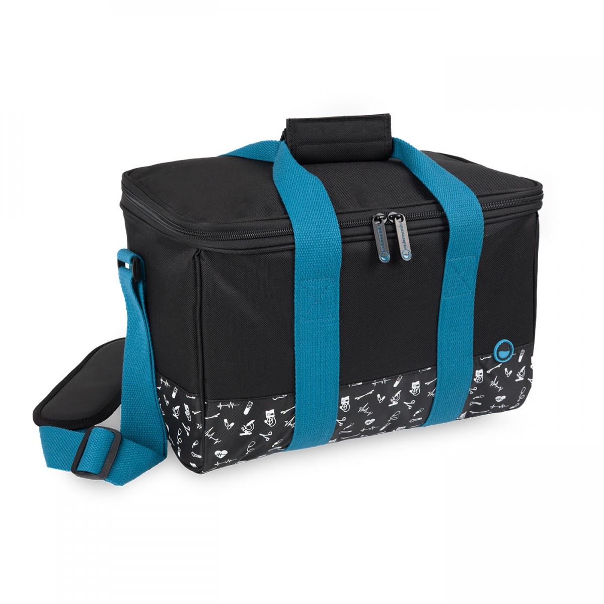 Sac à lunch professionnel de santé noir à bretelles bleues, idéal pour les infirmières. Le sac présente un imprimé sur le thème médical et une doublure isolée pour garder les repas au frais pendant les longues journées de travail.