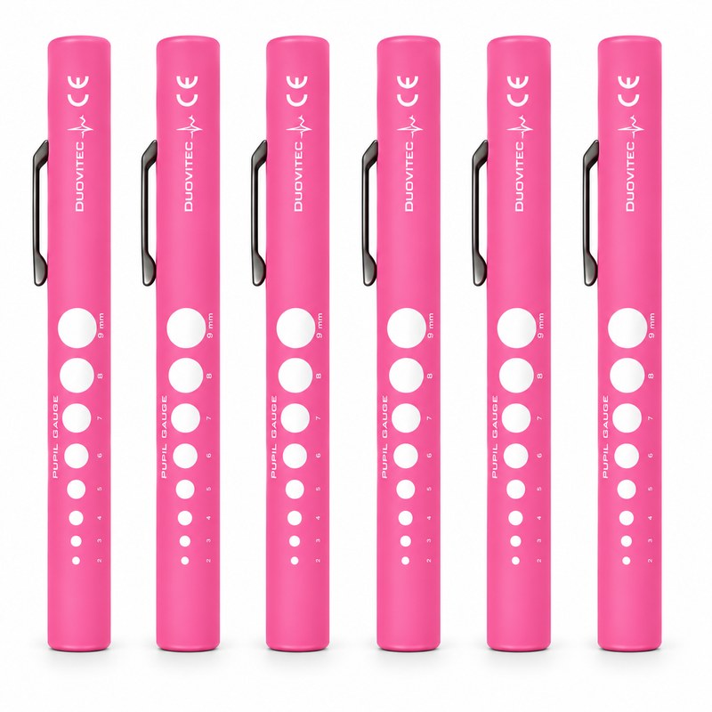 Zes roze penlampjes voor verpleegkundigen met een pupilmeter, ontworpen voor snelle klinische onderzoeken en gemakkelijk mee te nemen tijdens lange diensten.