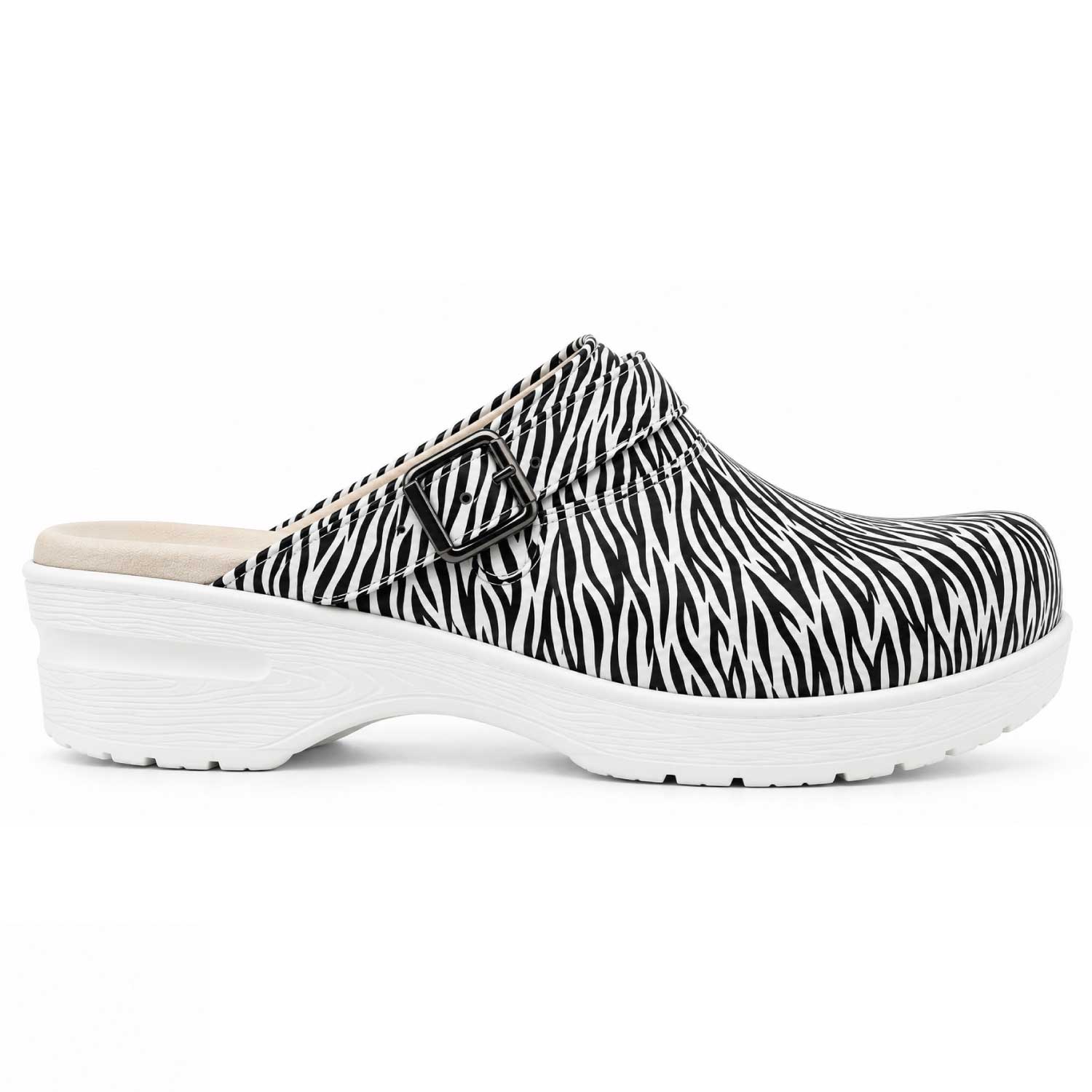 Black and white zebra print nursing clogs with a white sole and adjustable buckle, designed for comfort during long clinical shifts.