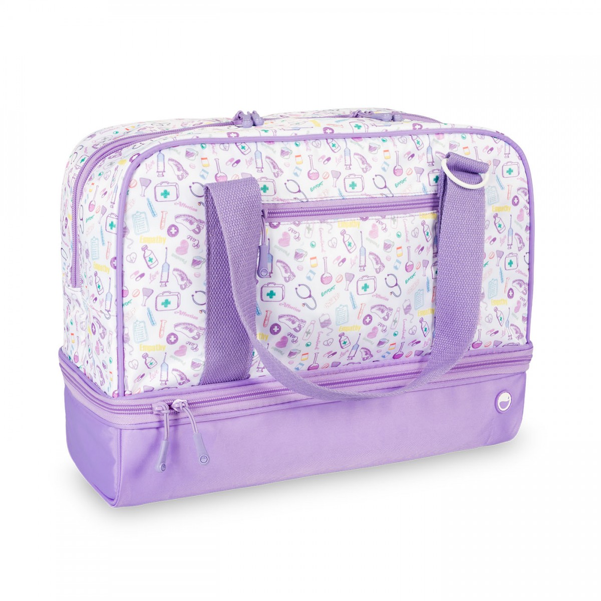 Sac d'infirmière lavande avec icônes médicales, parfait pour les professionnels de la santé. Dispose d'un intérieur spacieux et d'un compartiment isolé séparé, idéal pour les longs quarts de travail.