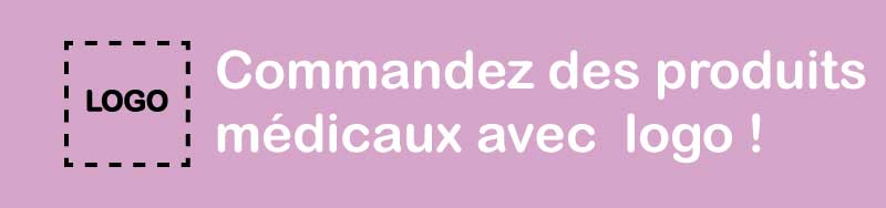 Une bannière violet clair destinée aux professionnels de la santé proposant des produits médicaux personnalisés avec un logo personnalisé pour les cliniques et les hôpitaux.