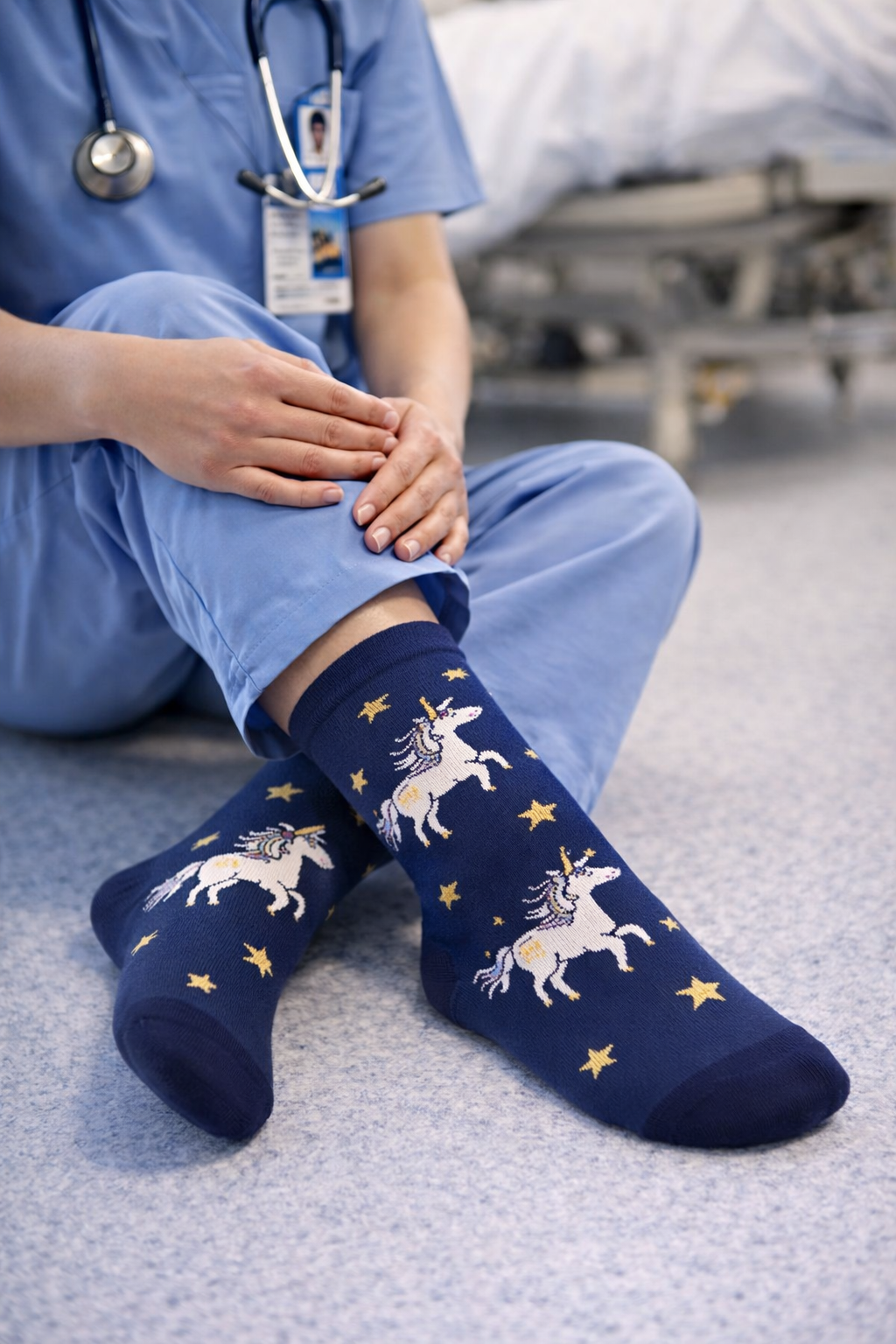 Navy socks with unicorn and star design, ideal for nurses seeking comfort during long shifts.