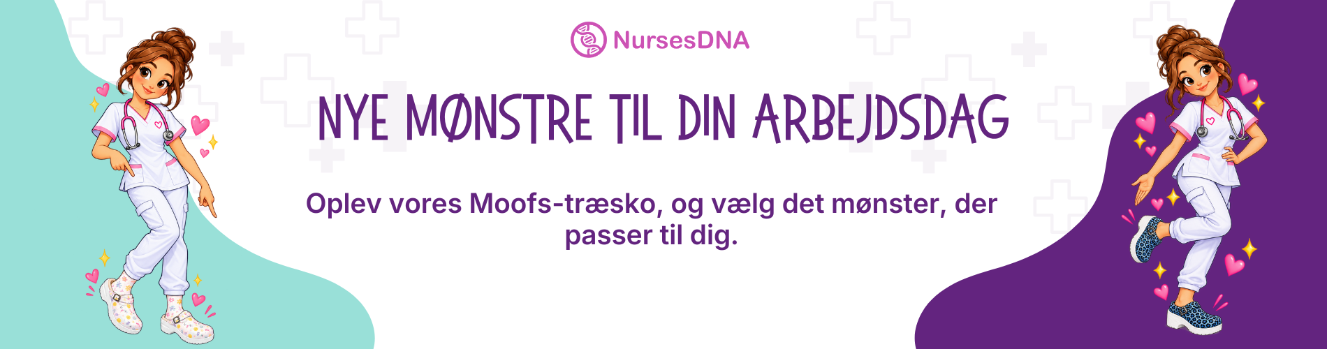 Banner med en sygeplejerske i hvide scrubs iført mønstrede Moofs-træsko, designet til sundhedspersonale, der søger behageligt fodtøj.