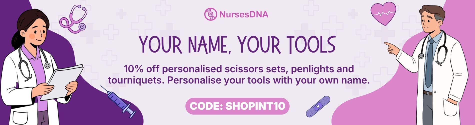Banner featuring a nurse and doctor with purple accents, promoting personalized medical tools like scissors, penlights, and tourniquets.