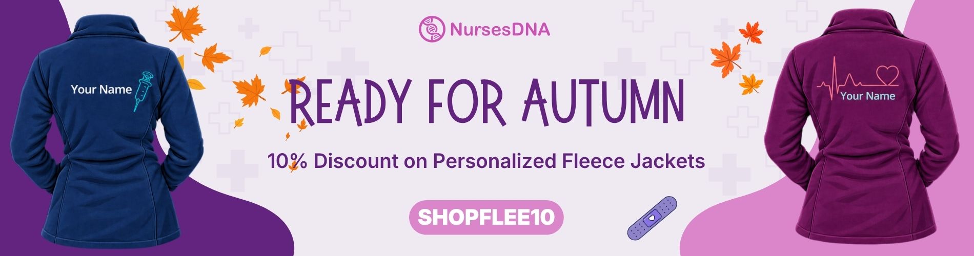 Blue and purple personalized fleece jackets for healthcare workers, featuring custom embroidery designs suitable for autumn work shifts.