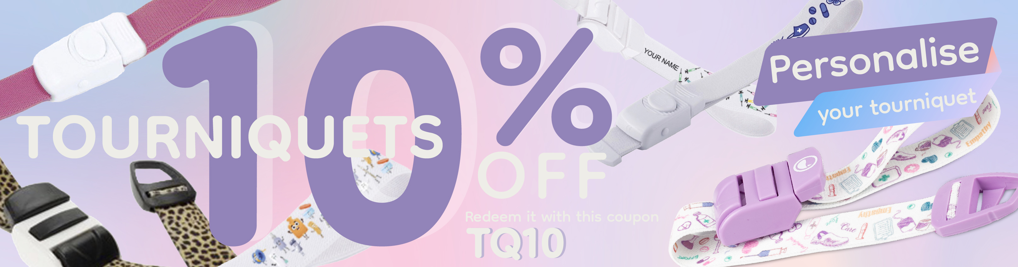 Colorful tourniquets for healthcare professionals, featuring pink and white designs, ideal for quick access and use.