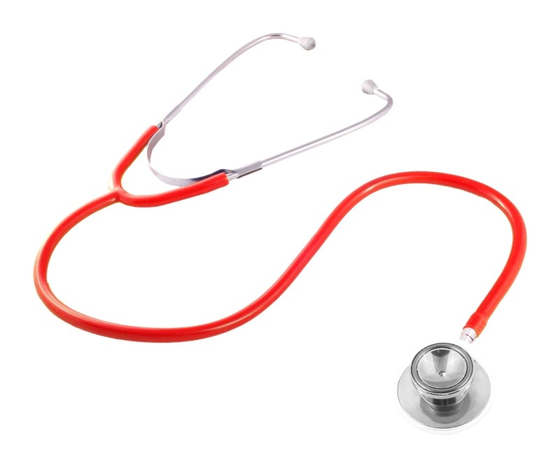 Rode stethoscoop voor beroepsbeoefenaren in de gezondheidszorg. Dit medische hulpmiddel is essentieel voor verpleegkundigen en artsen om patiënten nauwkeurig te diagnosticeren. De stethoscoop is een essentieel diagnostisch instrument.