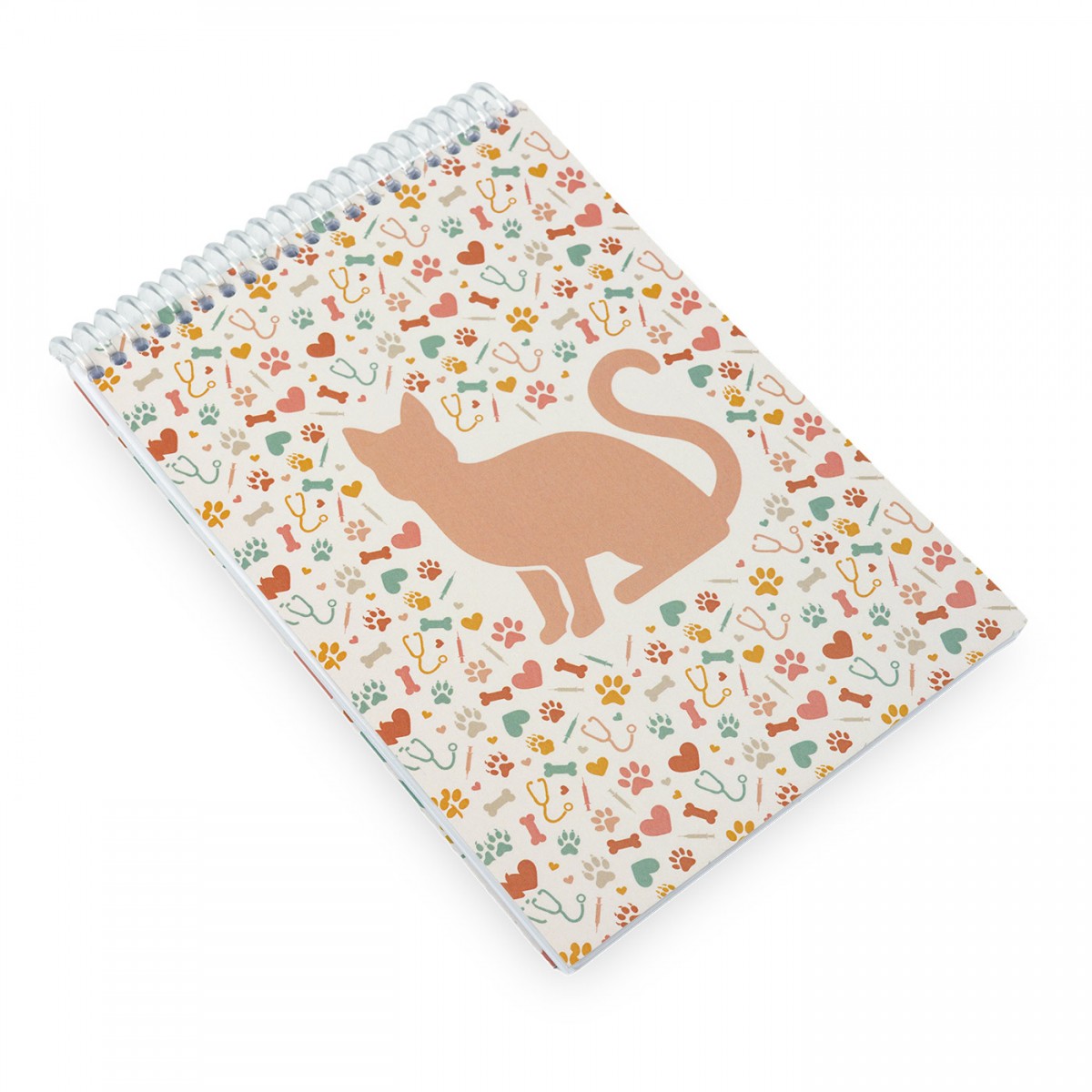 Spiral notebook with a cat design, featuring pastel colors, ideal for nurses and healthcare professionals.