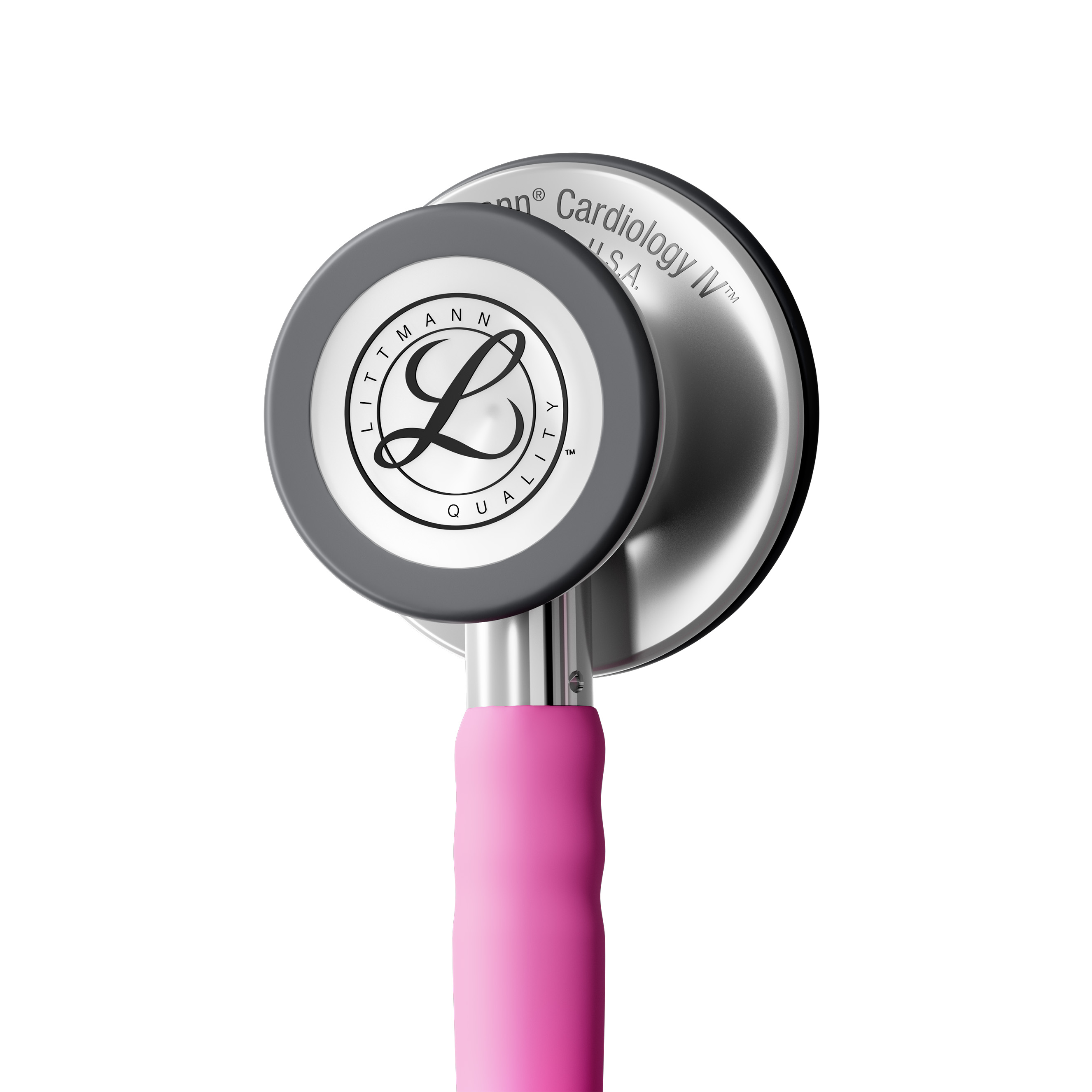 Pink cardiology stethoscope with a stainless steel chestpiece for healthcare professionals, featuring high acoustic sensitivity for exams.