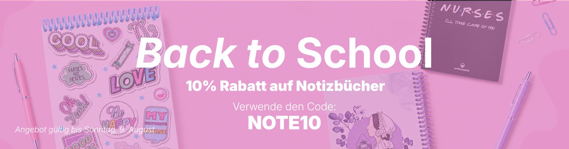 Rosa Notizbücher und Stifte für Krankenpflegestudenten und medizinisches Fachpersonal, mit dekorativen Aufklebern und professionellen Illustrationen.