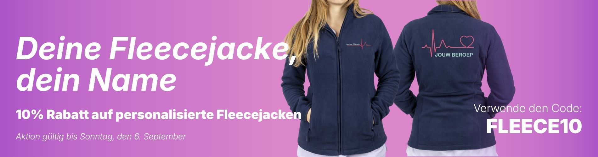 Eine marineblaue Fleecejacke für medizinisches Fachpersonal mit Herzrhythmus-Design, geeignet zur Personalisierung und für den täglichen klinischen Einsatz.