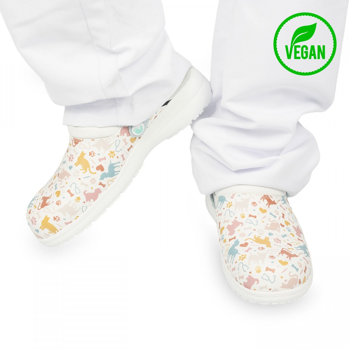 Colorful vegan clogs for healthcare workers, featuring animal prints and slip-resistant soles for comfort.