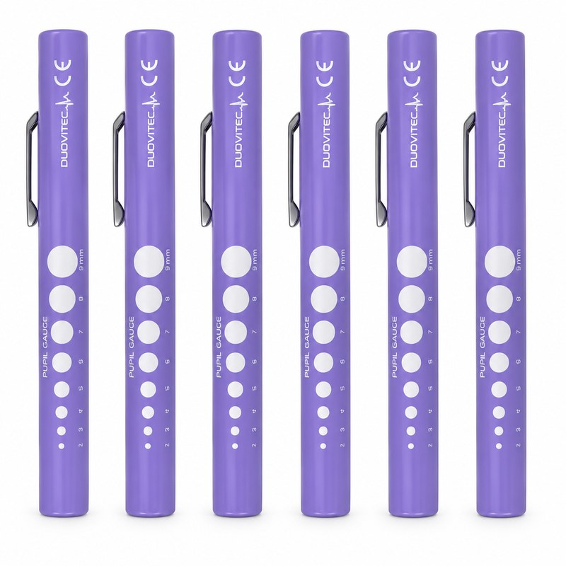 Zes paarse penlampjes met pupilmeters voor verpleegkundigen, voorzien van een handige pocketclip voor snelle toegang tijdens klinische onderzoeken.