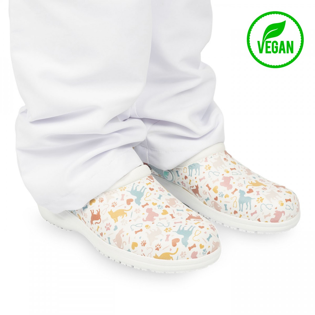 Colorful patterned clogs for nurses, featuring animal designs, slip-resistant and vegan-friendly.