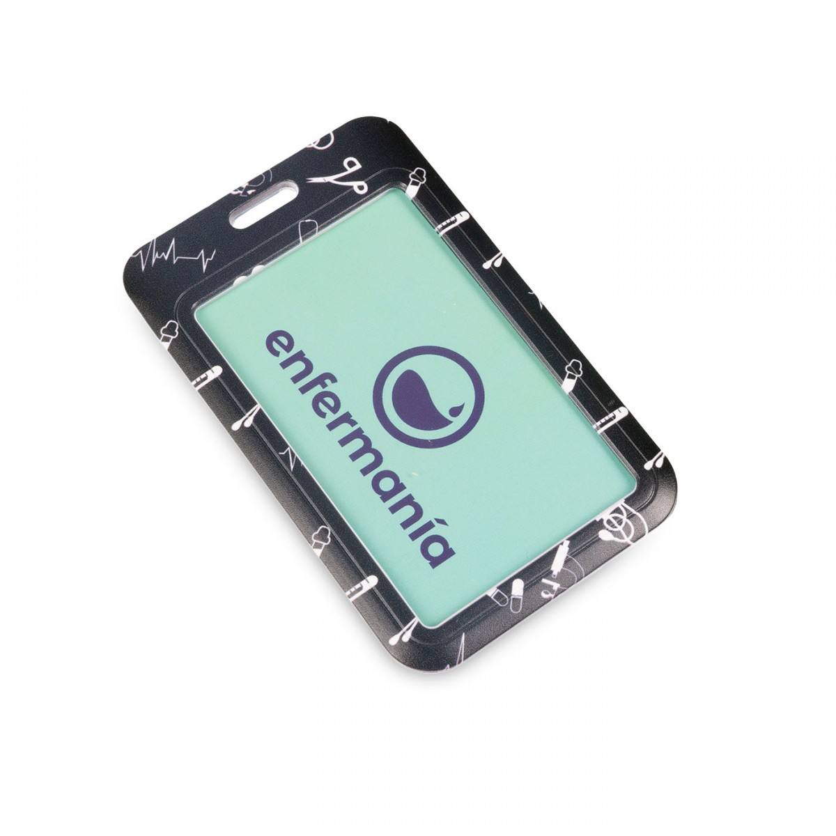 Black ID badge holder with a mint green insert, ideal for nurses and healthcare workers.