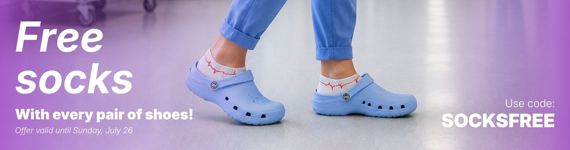 Light blue slip-resistant clogs worn by a healthcare professional, designed for comfort and support during long shifts in the clinic.