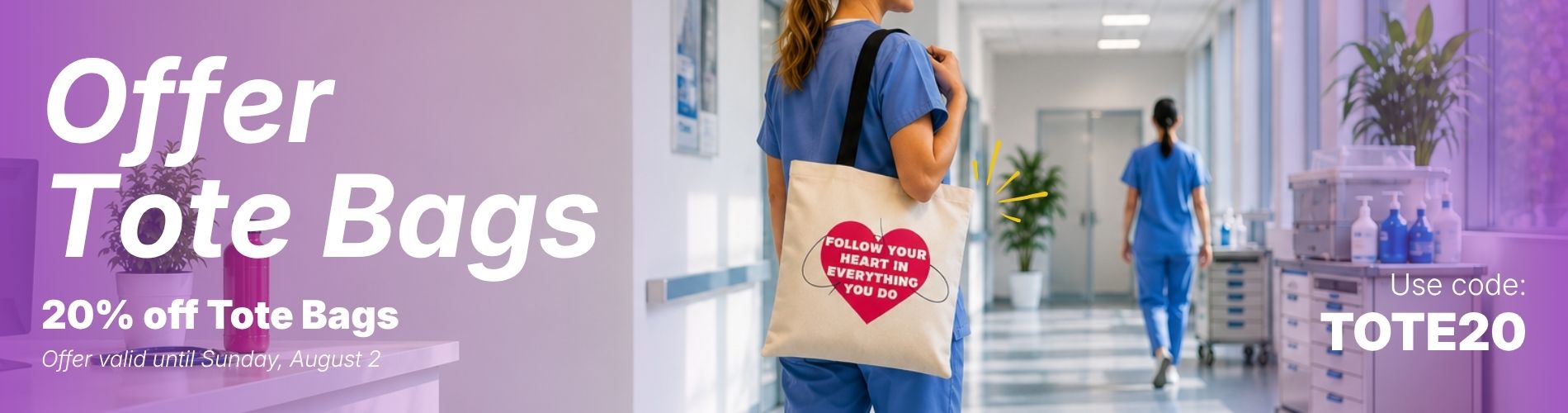A beige tote bag with a red heart design carried by a nurse in a hospital hallway, ideal for carrying daily essentials during shifts.