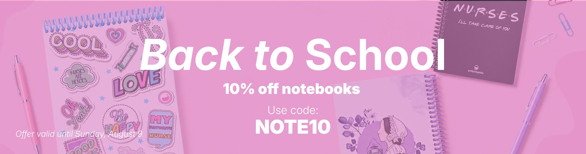 Pink notebooks and pens for nurses displayed on a matching background, perfect for organizing clinical notes and daily study schedules.