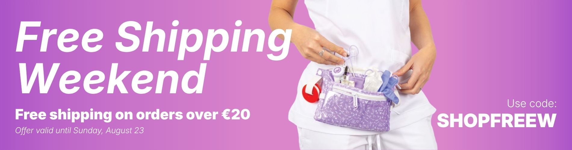 A nurse wears a purple patterned waist bag filled with essential medical tools, perfect for organizing supplies during long clinical shifts.