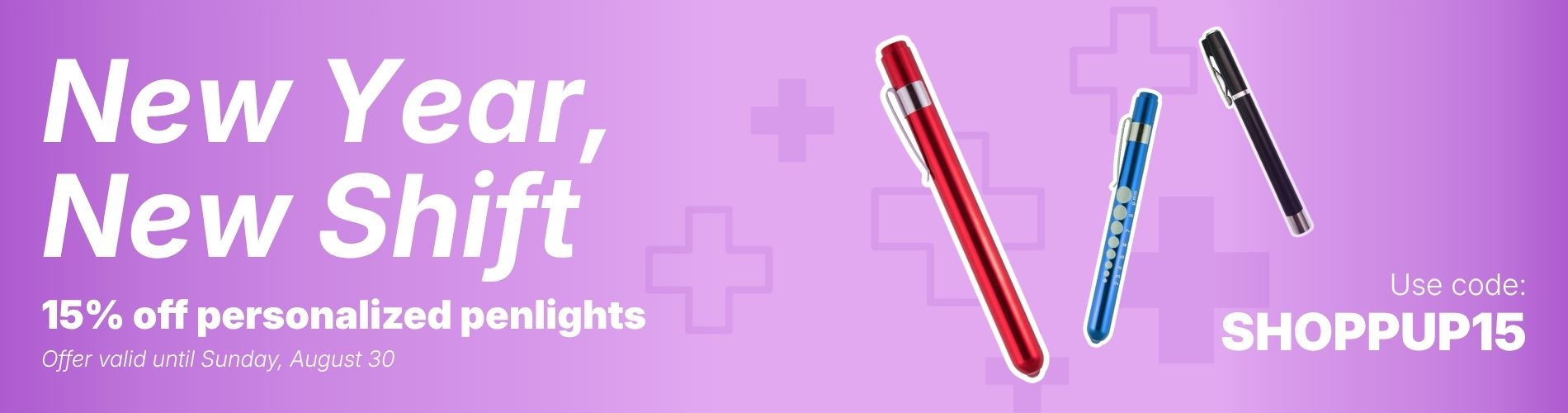 Red, blue, and black penlights for nurses and healthcare professionals, designed for quick clinical assessments during long hospital shifts.