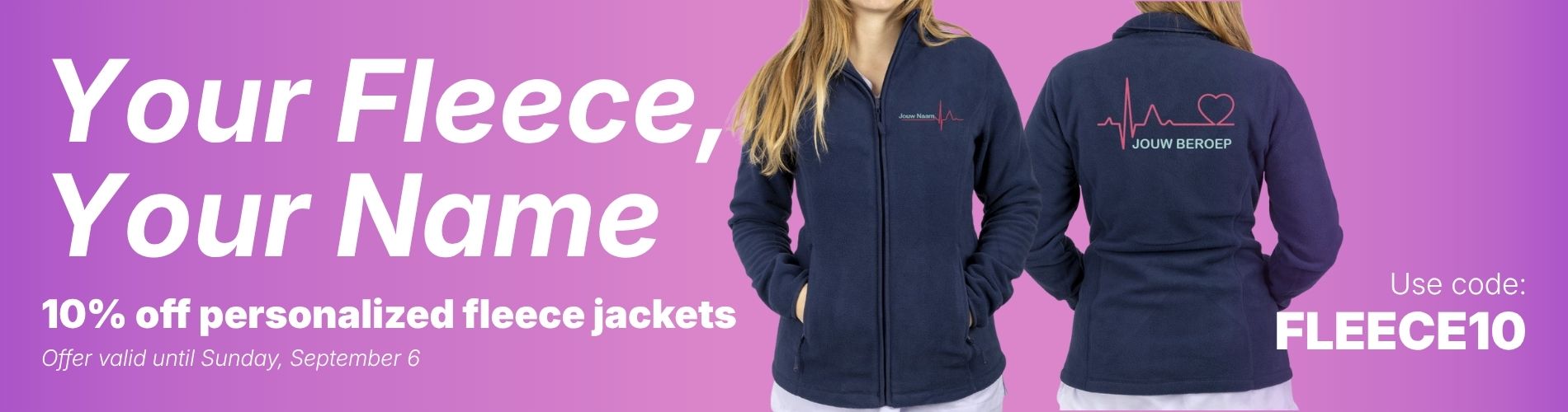 A navy blue personalized fleece jacket for healthcare professionals, featuring a zip-up design and a heart-rate logo on the back.