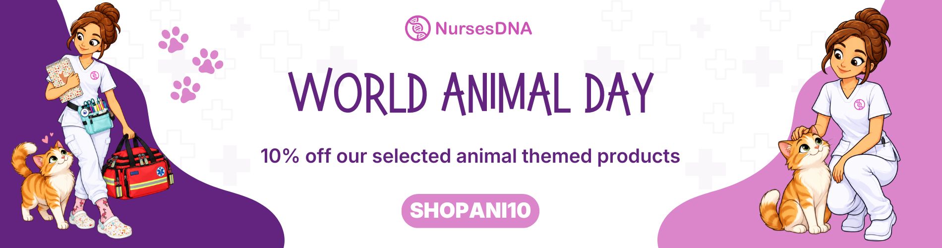 World Animal Day banner featuring cartoon nurses in white uniforms with cats, promoting animal-themed medical gear and accessories.