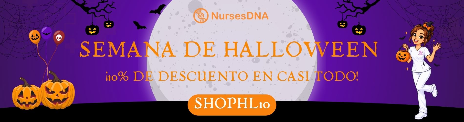 Pancarta morada de Halloween con una caricatura de enfermera, calabazas y murciélagos, que promociona una venta en toda la tienda para profesionales de la salud.