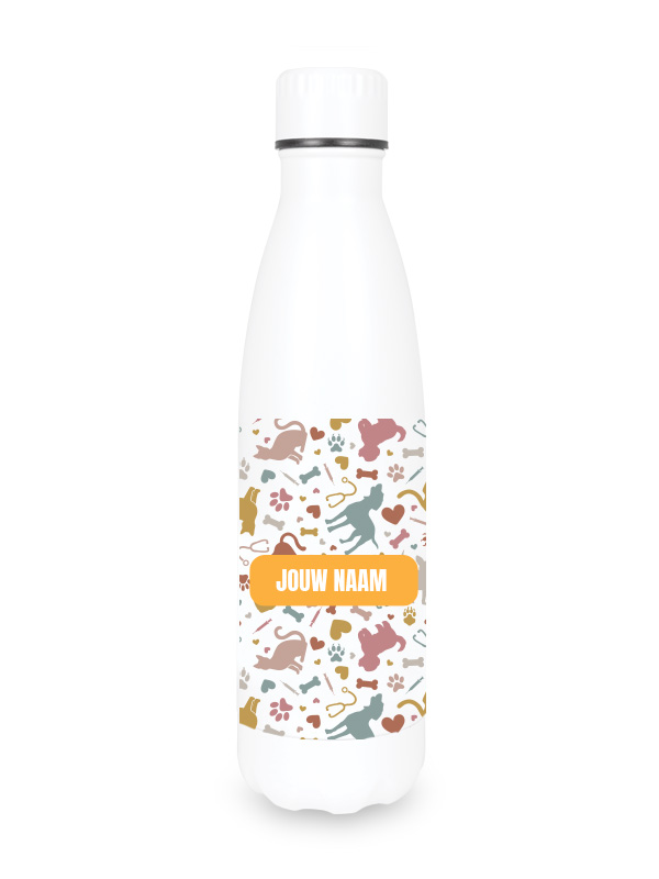 White reusable water bottle for veterinary nurses featuring a colorful animal and medical pattern with a customizable name label area.