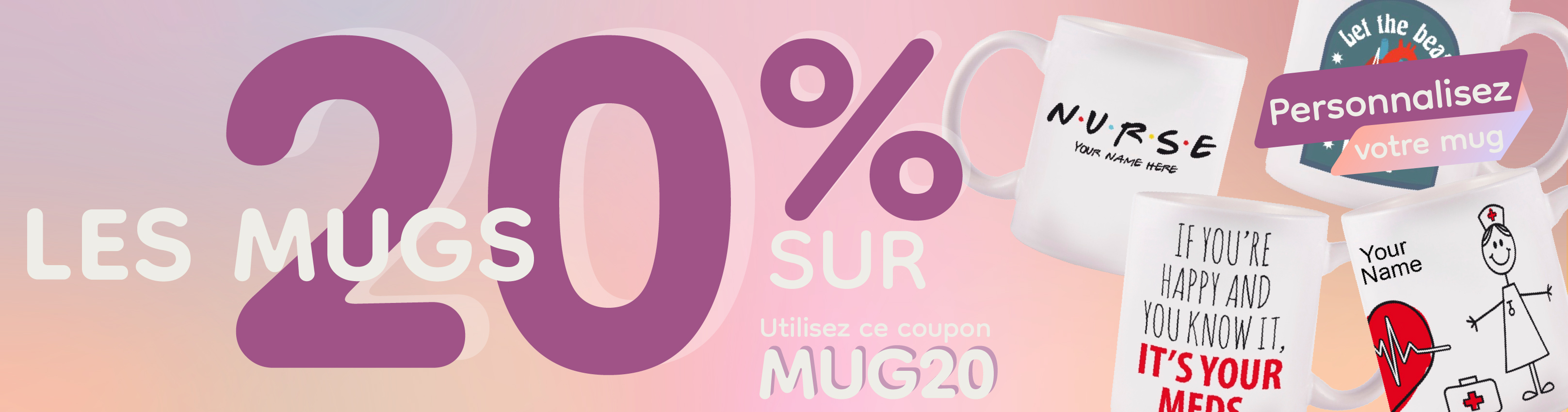 Mugs en céramique blanche avec différents motifs sur le thème des infirmières, idéaux comme cadeaux pour les professionnels de santé, offrant des options de personnalisation.