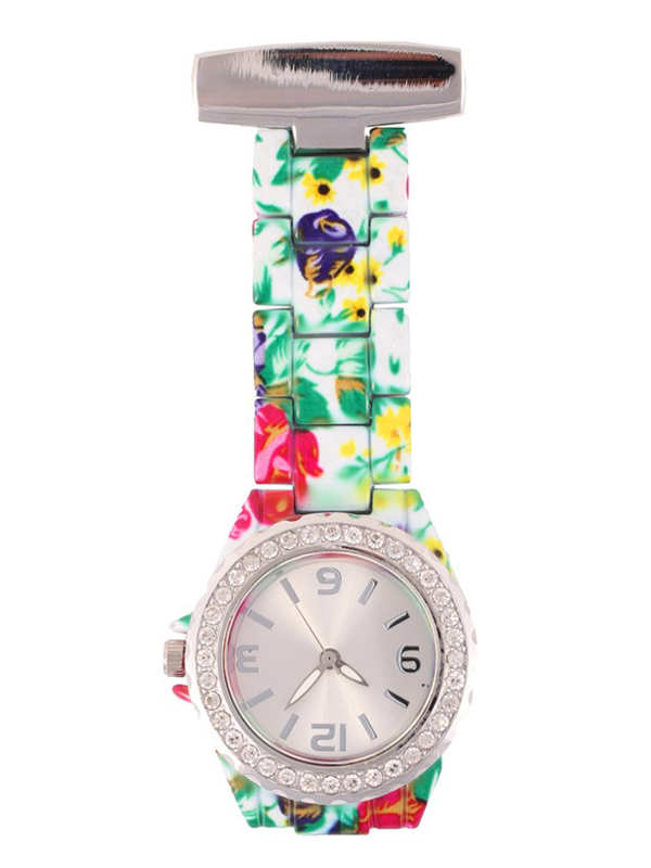 Nurses Fob Watch Flower Glamour White