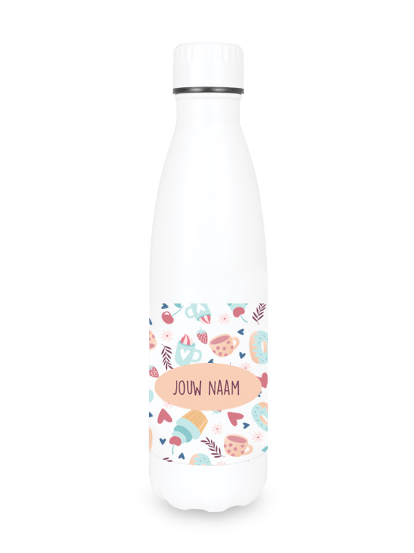 White reusable water bottle for nurses featuring a colorful snack pattern and a customizable name label for easy identification at work.