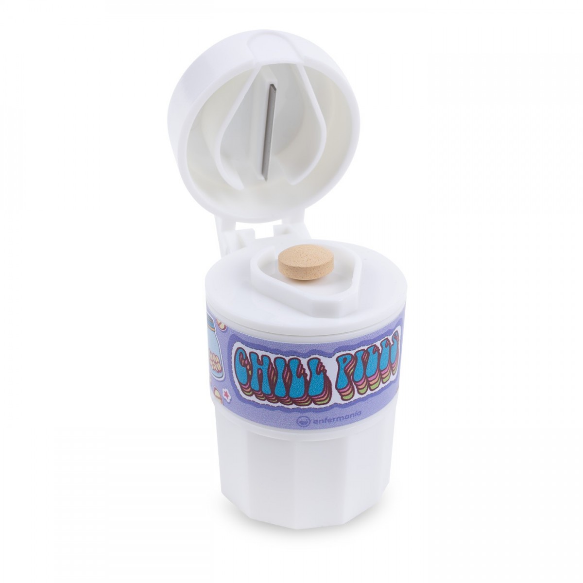 White pill cutter for nurses, featuring a stainless steel blade and a container to split and store tablets safely and hygienically for healthcare work.
