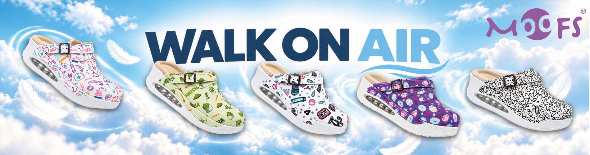 Multi-colored nursing clogs with cushioned soles, ideal for healthcare professionals needing comfortable footwear for long 12-hour shifts.