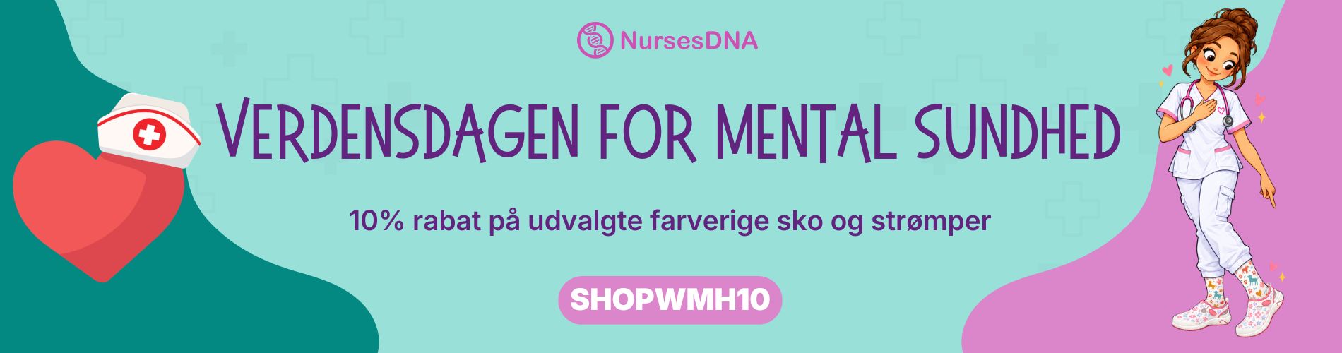 Et banner med en sygeplejerske i hvid uniform med farverige sokker og sko, der fremmer mental sundhed bevidsthed for sundhedspersonale.