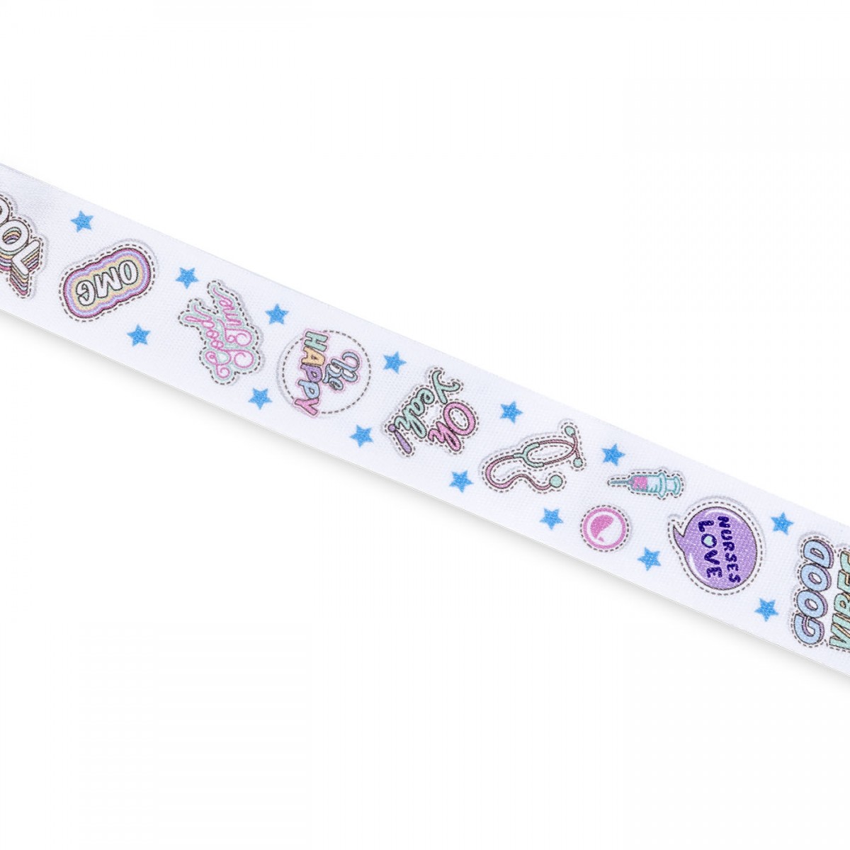 White fabric ribbon with colorful nurse-themed prints, ideal for healthcare workers' crafts and gifts.