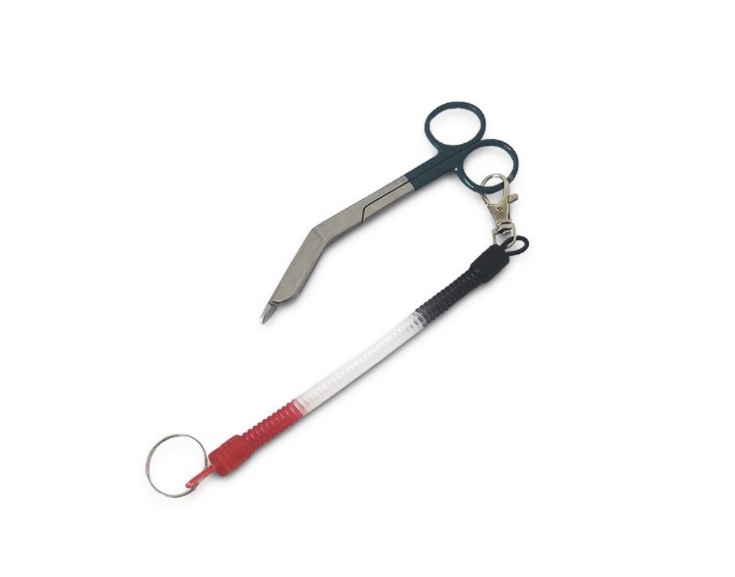 Stainless steel bandage scissors with a blue handle and coiled lanyard attached for healthcare workers. The medical tool is designed for cutting bandages efficiently.